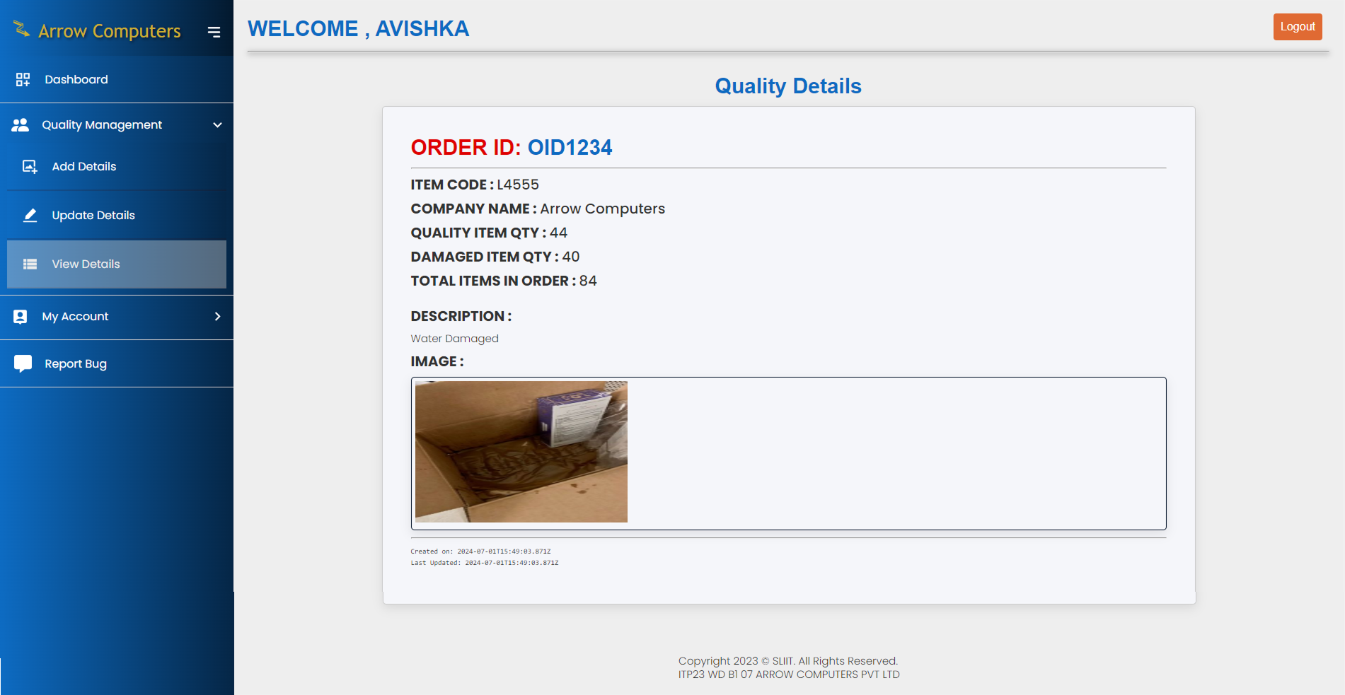 Product Quality Management UI Screenshot 2