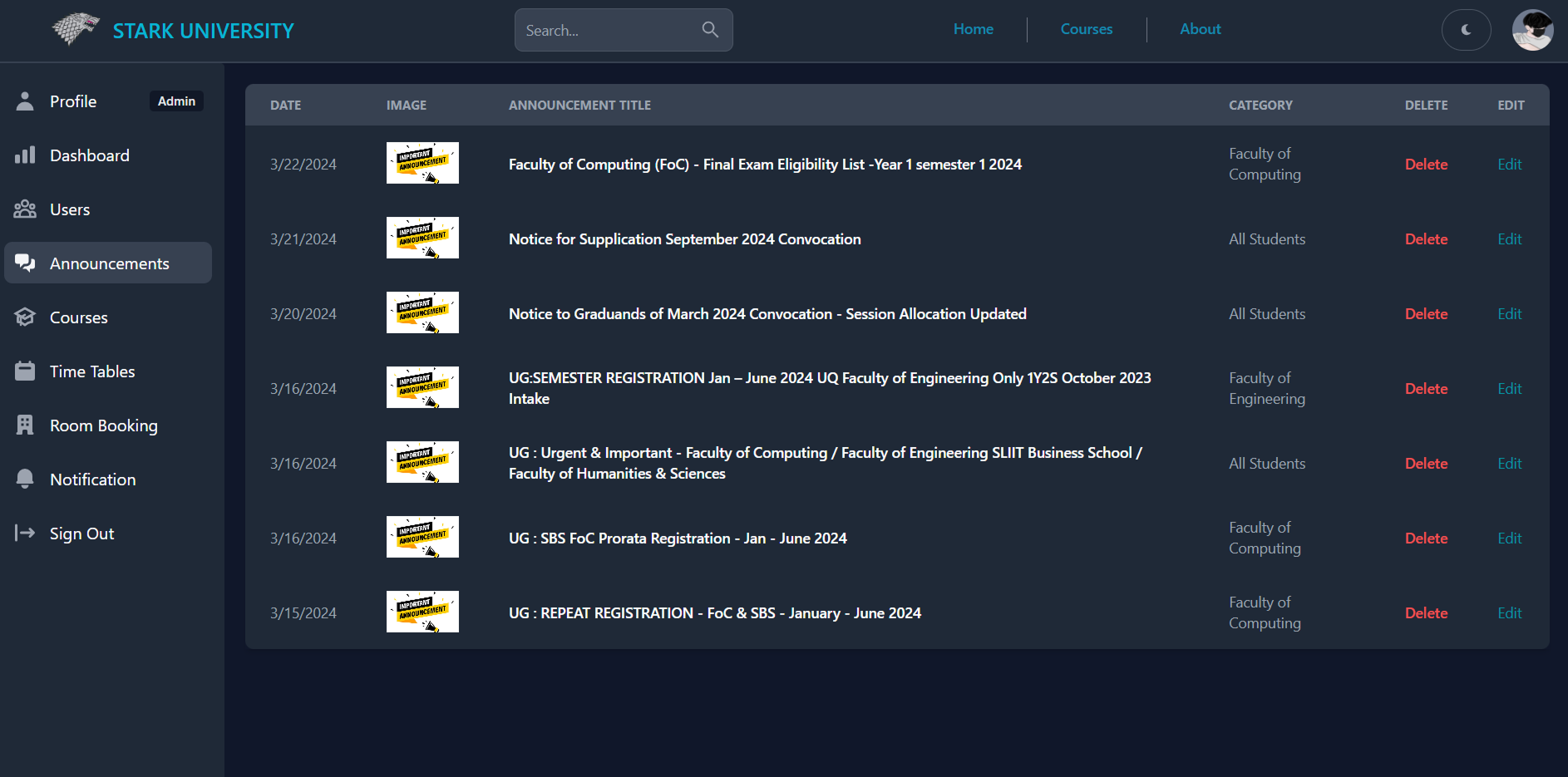 University Management UI Screenshot 7