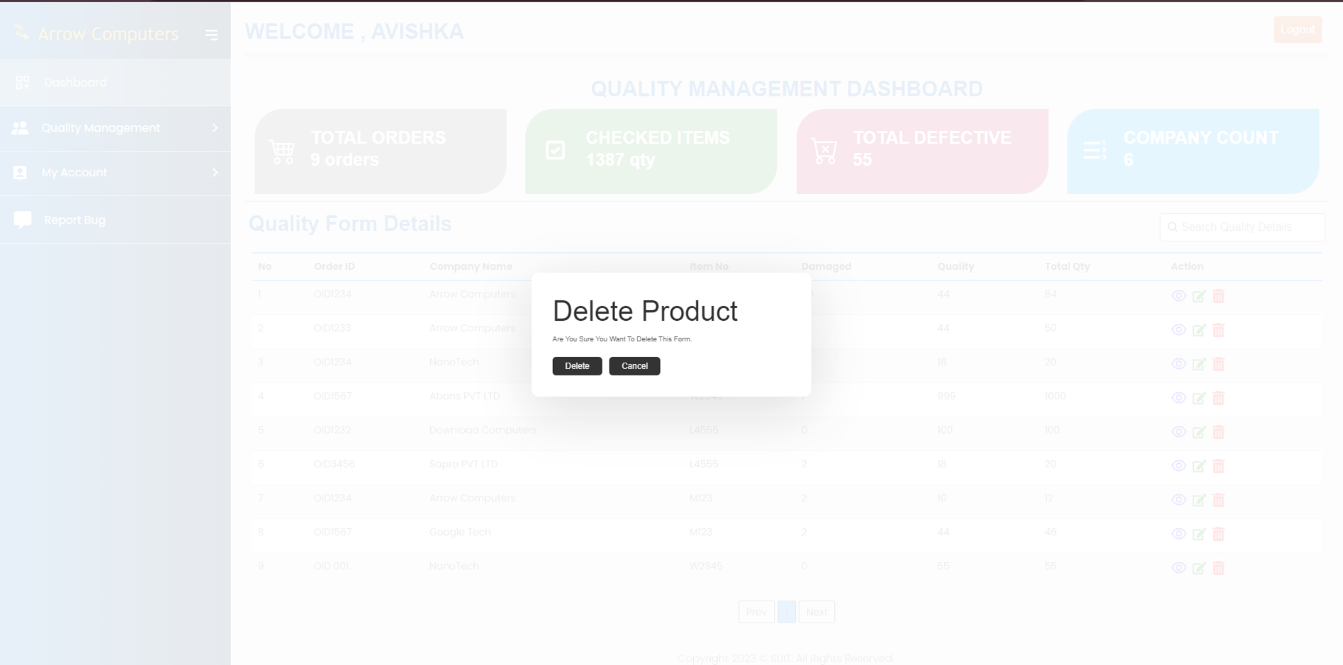 Product Quality Management UI Screenshot 5