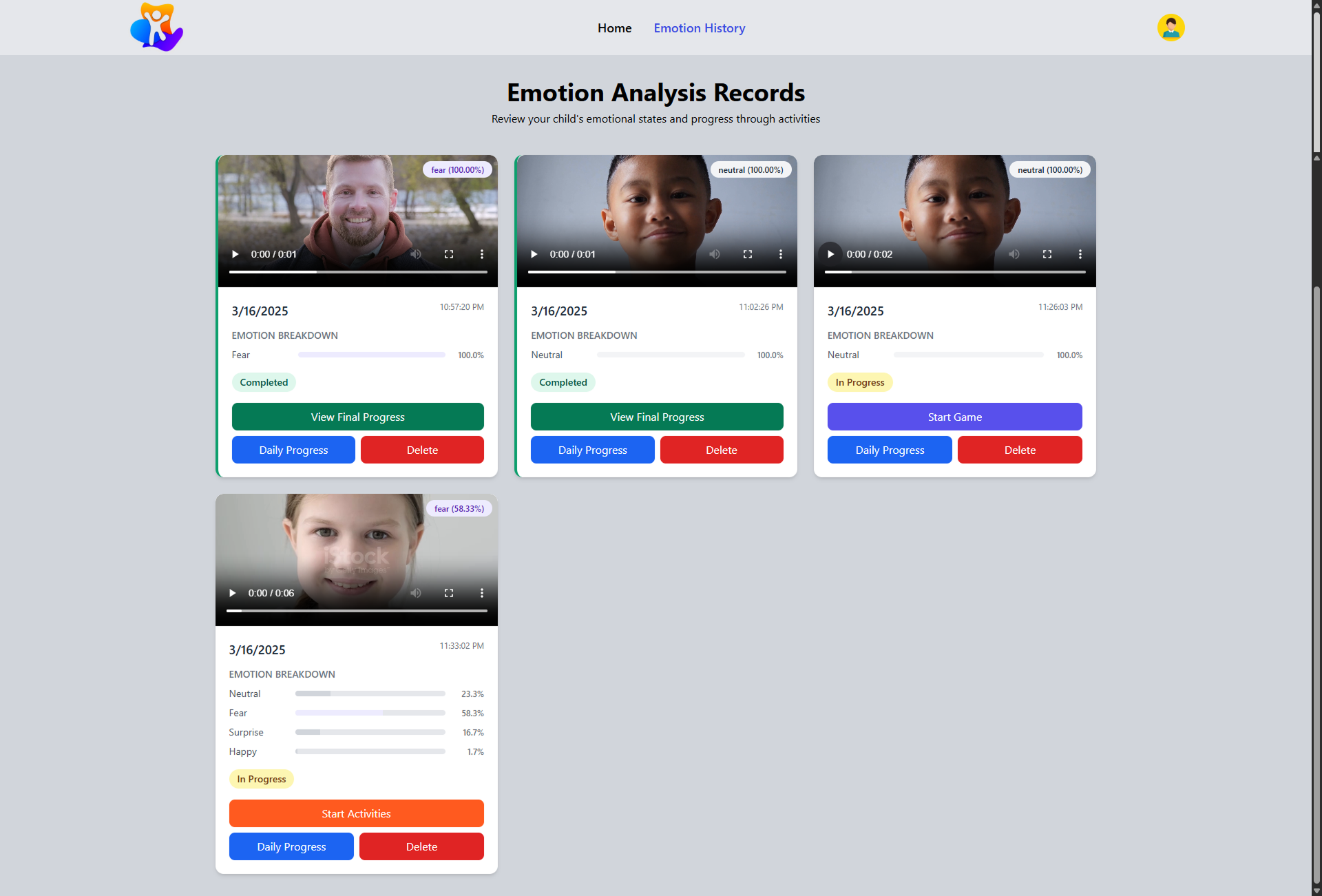 Emotion Tracking and Game Activity Platform UI Screenshot 3