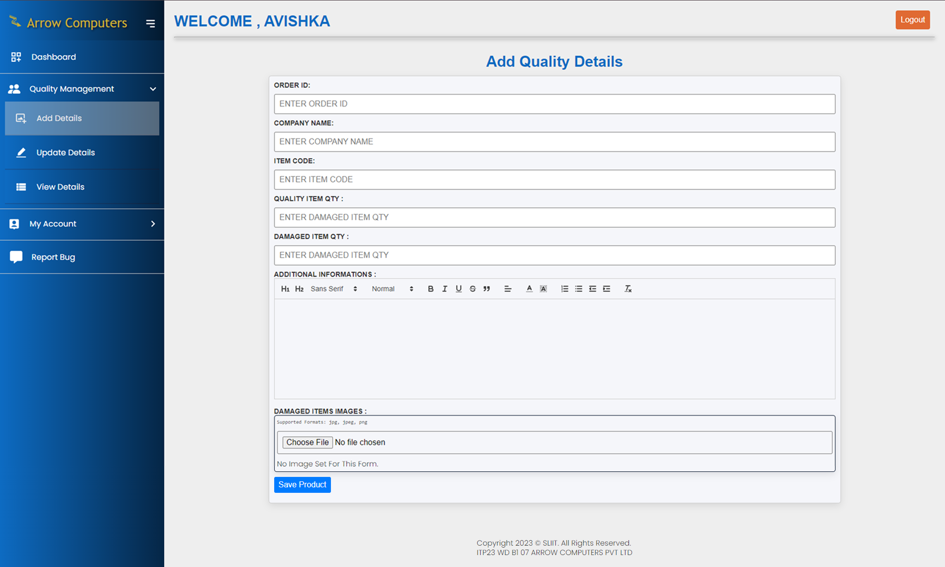 Product Quality Management UI Screenshot 1