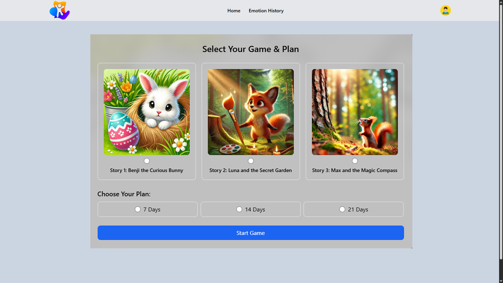 Emotion Tracking and Game Activity Platform UI Screenshot 4